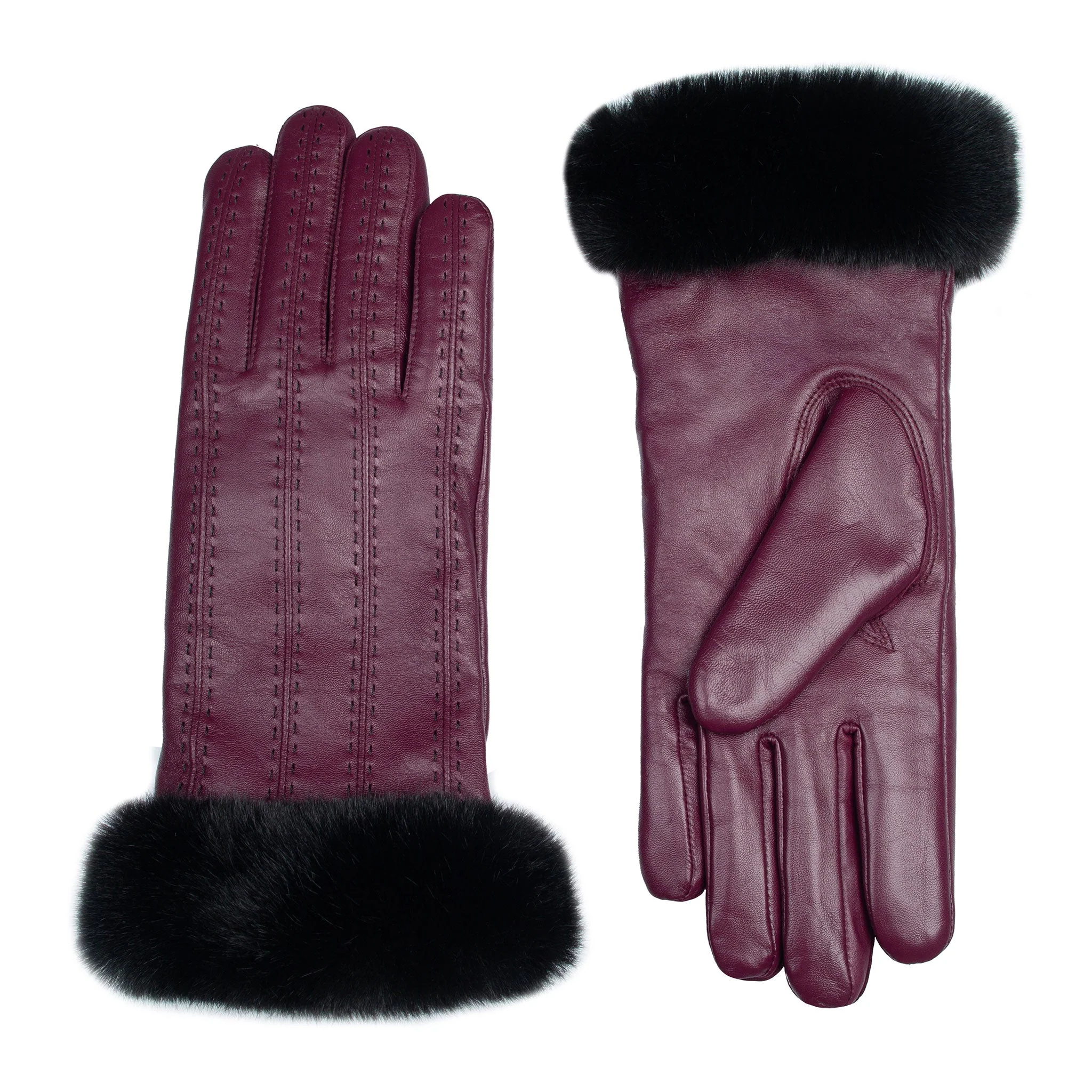 Women's Faux Fur-Lined Leather Gloves with Stitch Detail and Faux Fur Cuffs - Image 4