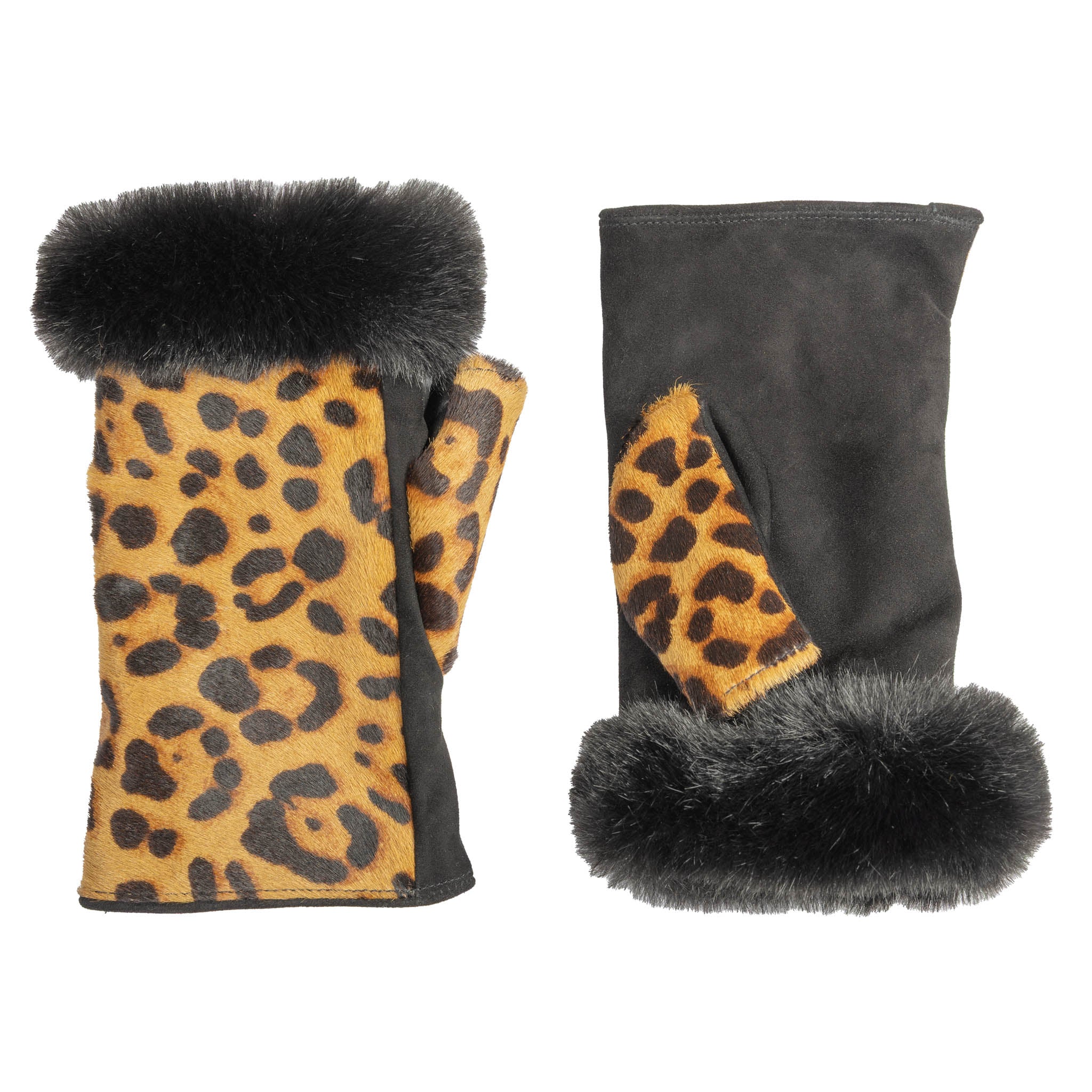 Women's Fingerless Faux Fur-Lined Suede and Ponyskin Leopard Print Mittens with Faux Fur Trim - Image 3
