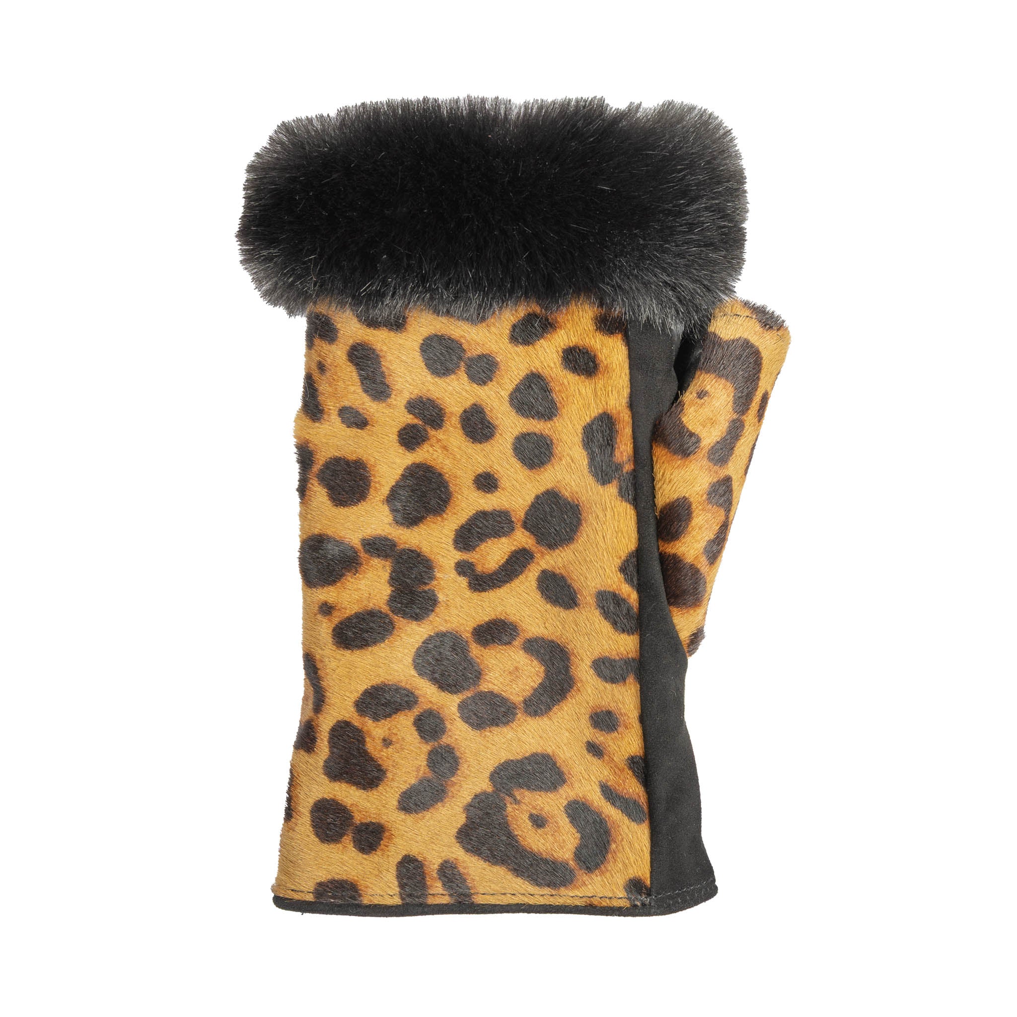 Women's Fingerless Faux Fur-Lined Suede and Ponyskin Leopard Print Mittens with Faux Fur Trim - Image 4
