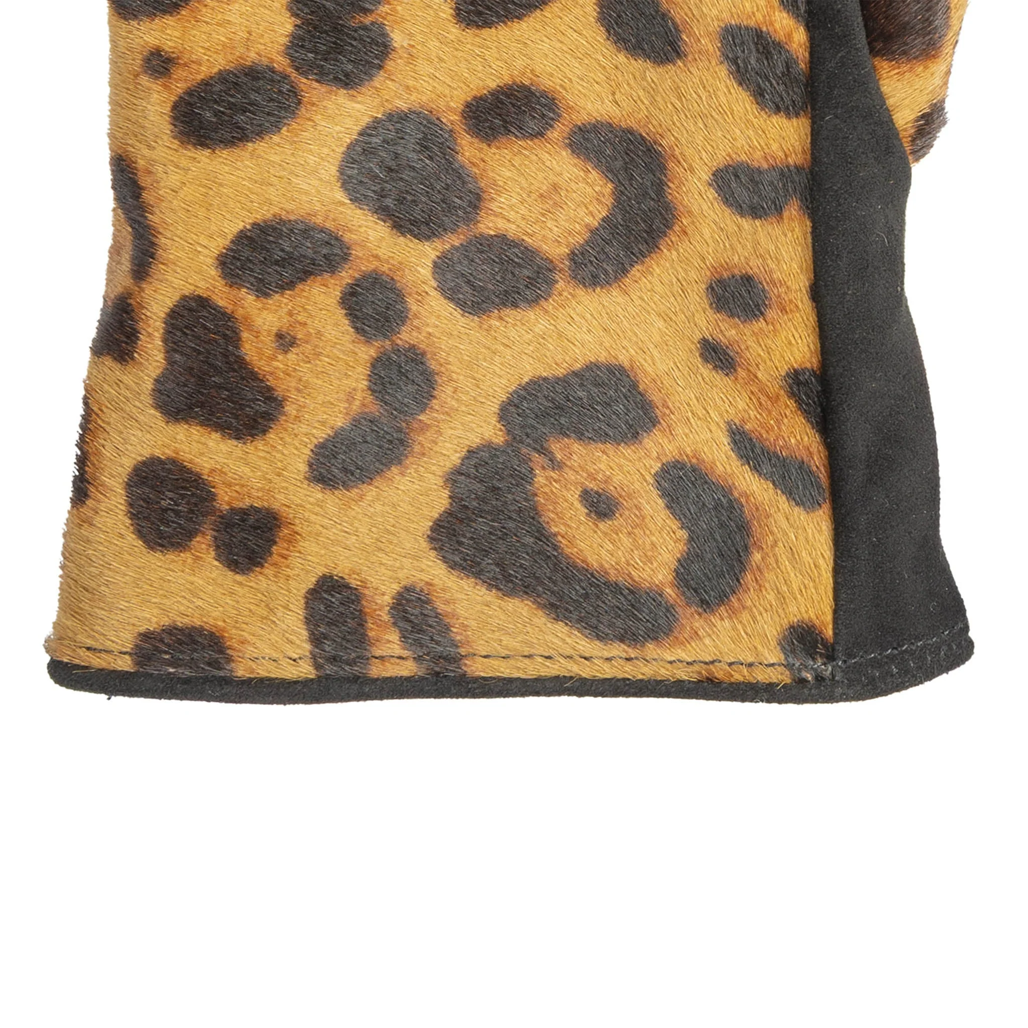 Women's Fingerless Faux Fur-Lined Suede and Ponyskin Leopard Print Mittens with Faux Fur Trim - Image 5