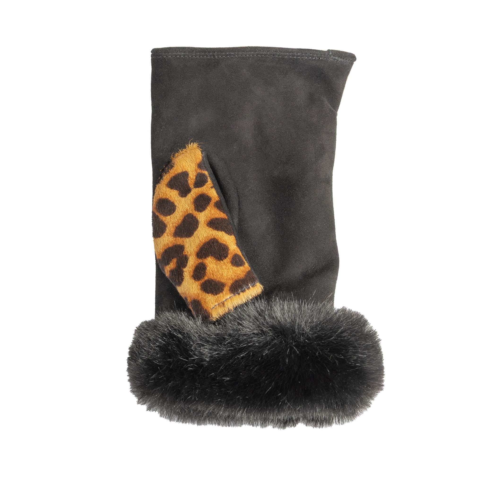Women's Fingerless Faux Fur-Lined Suede and Ponyskin Leopard Print Mittens with Faux Fur Trim - Image 6