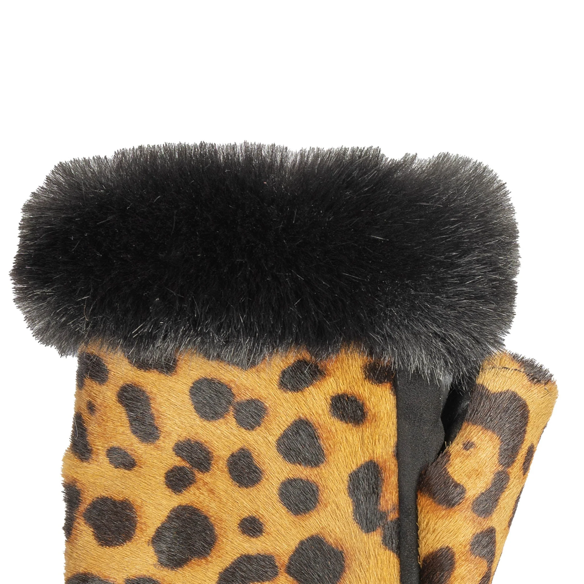 Women's Fingerless Faux Fur-Lined Suede and Ponyskin Leopard Print Mittens with Faux Fur Trim - Image 8