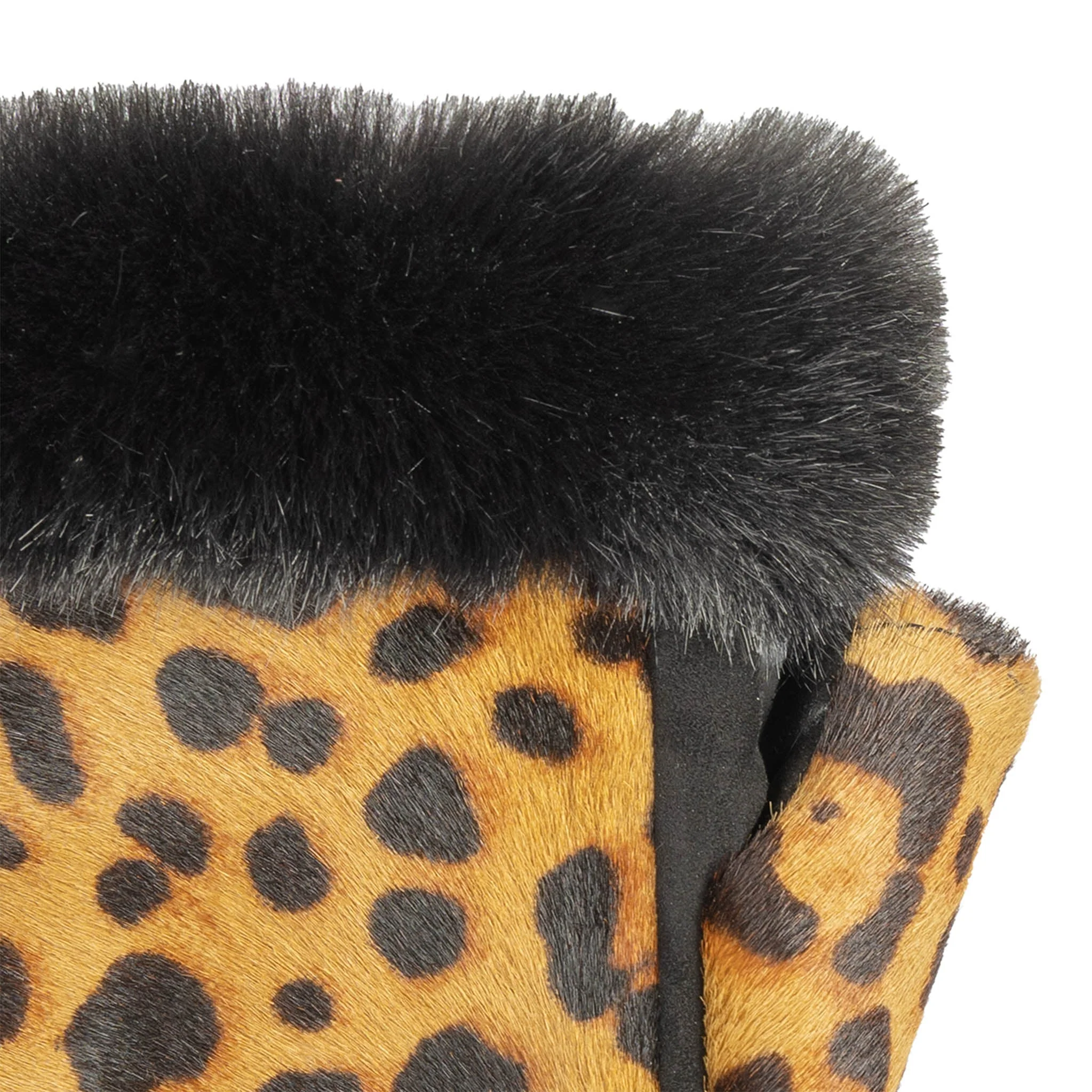 Women's Fingerless Faux Fur-Lined Suede and Ponyskin Leopard Print Mittens with Faux Fur Trim - Image 9