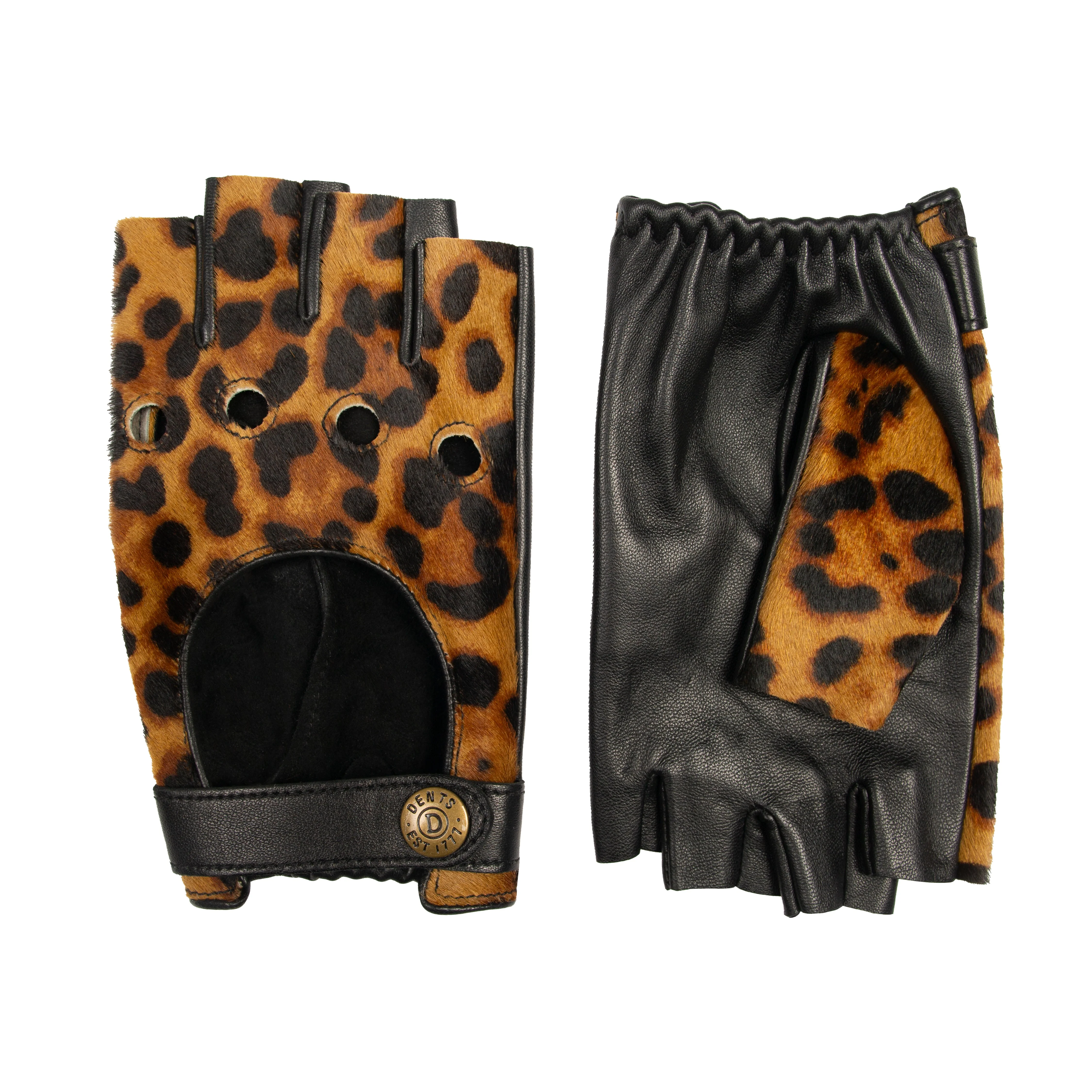 Women's Fingerless Leather Driving Gloves with Ponyskin Leopard Print Design - Image 4