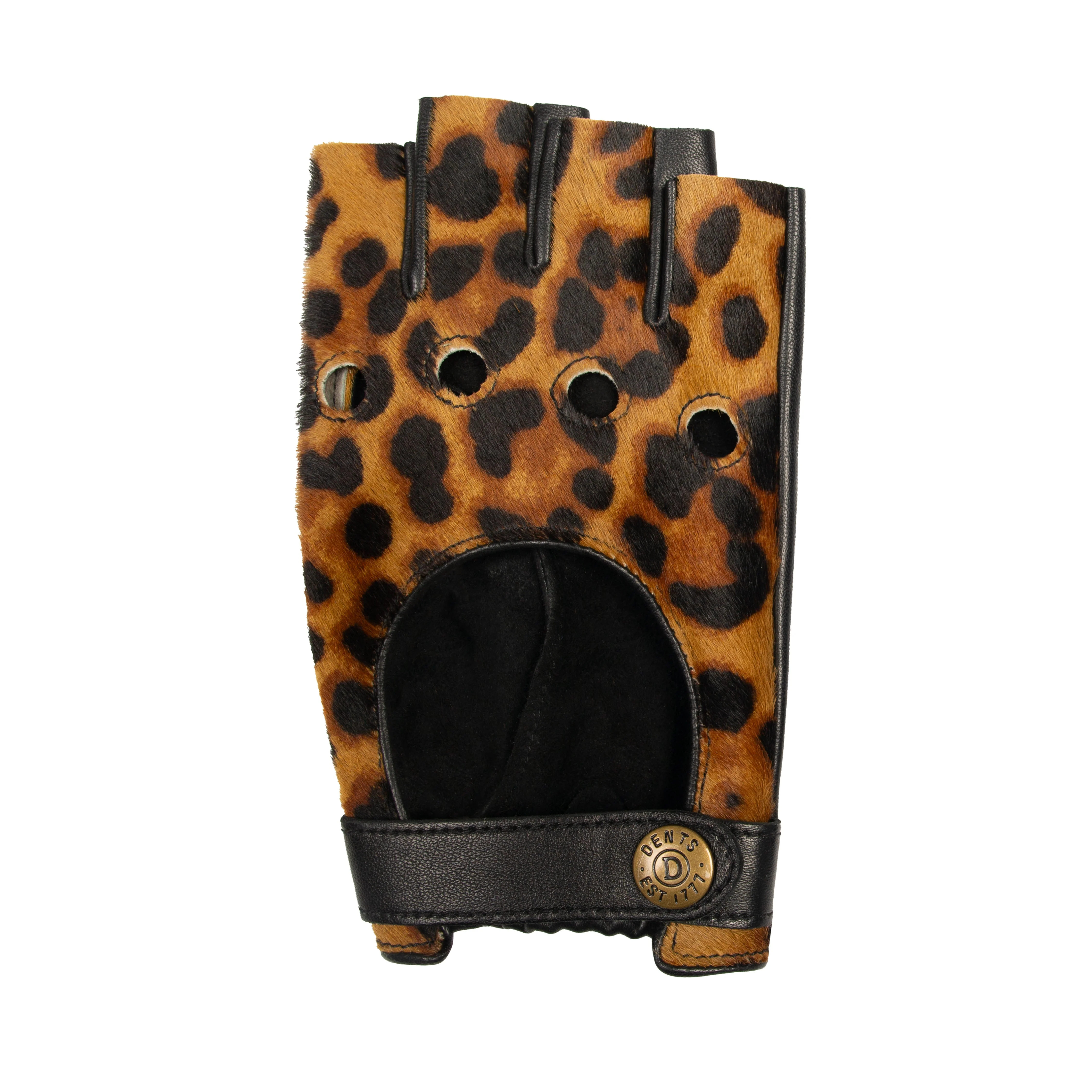 Women's Fingerless Leather Driving Gloves with Ponyskin Leopard Print Design - Image 5
