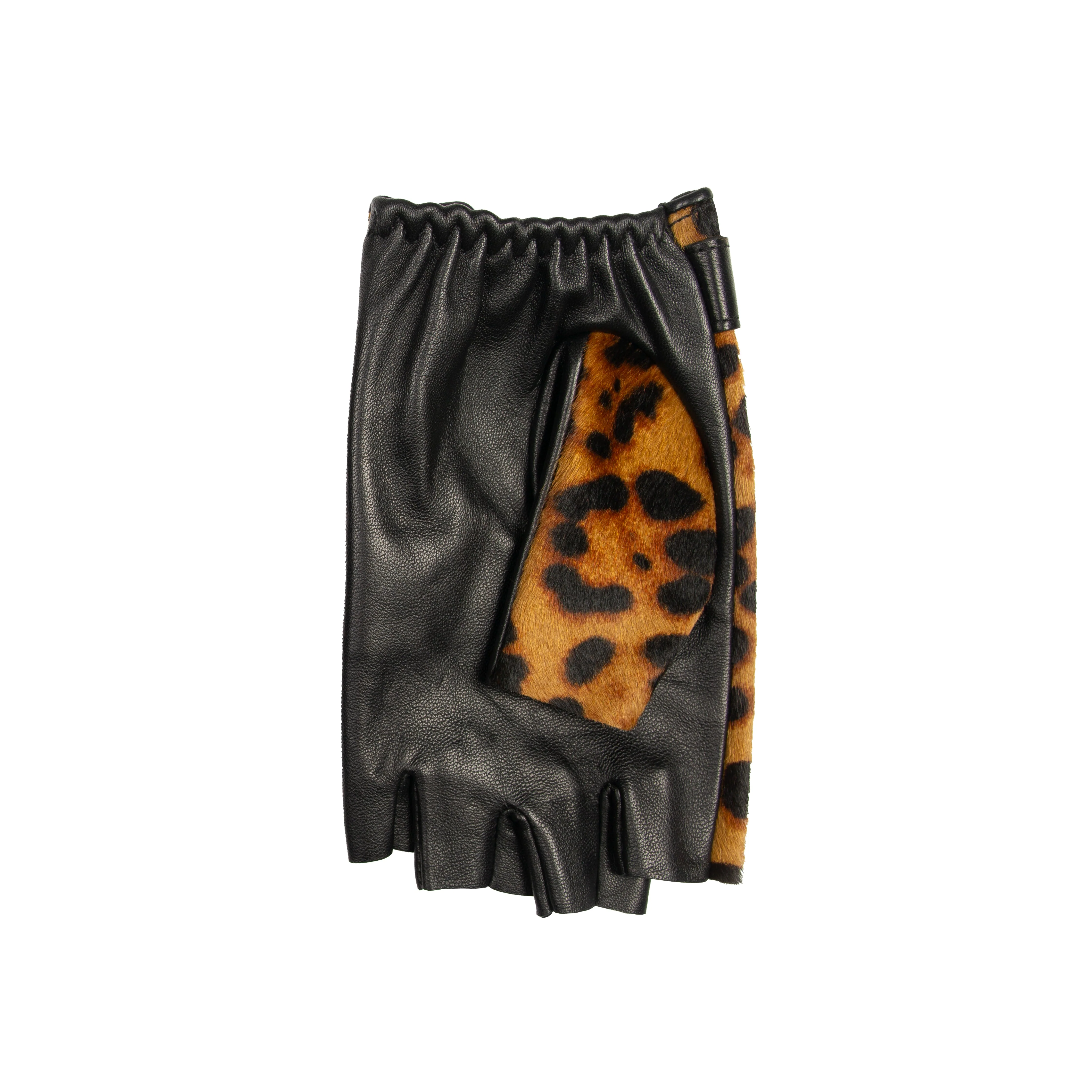 Women's Fingerless Leather Driving Gloves with Ponyskin Leopard Print Design - Image 7
