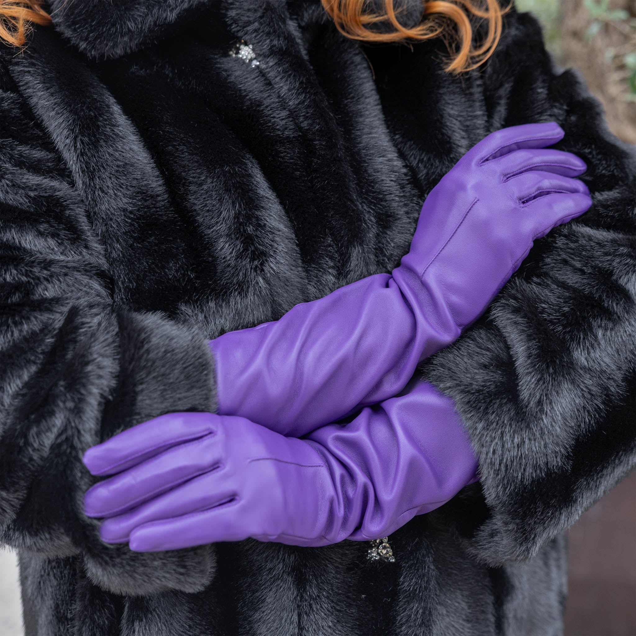 Women's Single-Point Long Above-Elbow Lined Leather Gloves - Image 39