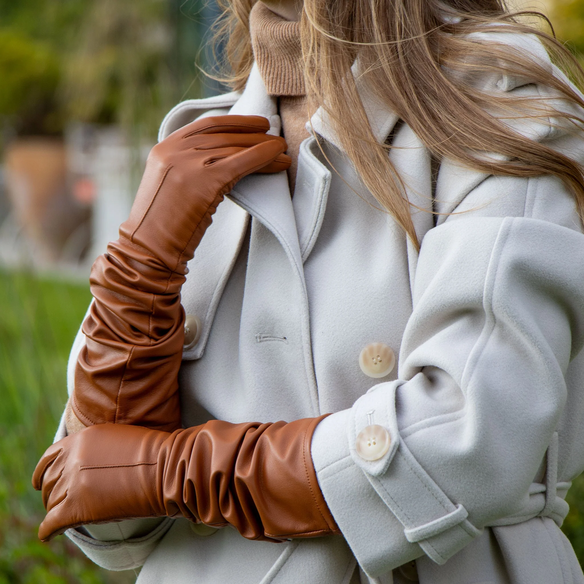 Women's Single-Point Long Above-Elbow Lined Leather Gloves - Image 89