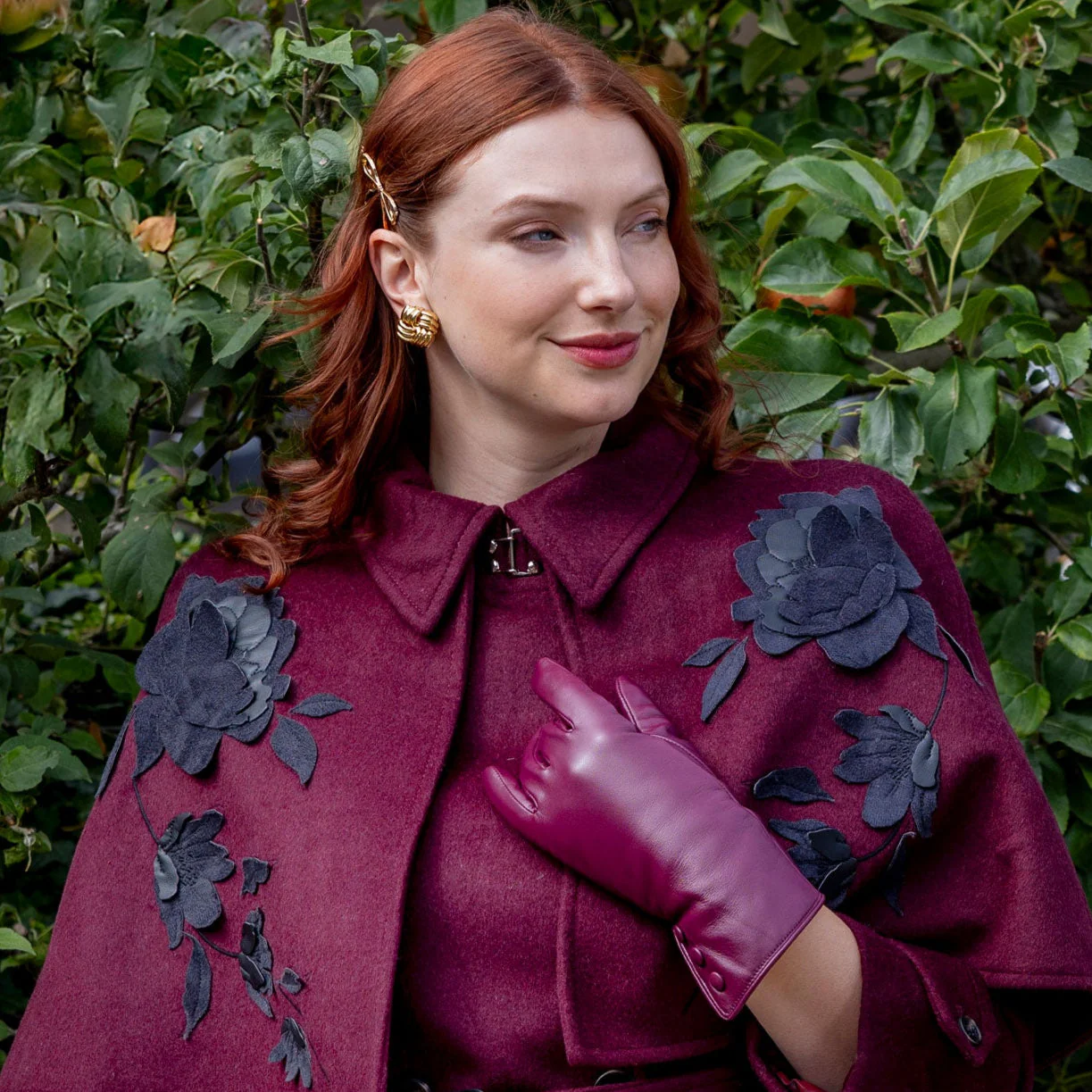 Women's Touchscreen Water-Resistant Faux Fur-Lined Leather Gloves with Buttons - Image 13