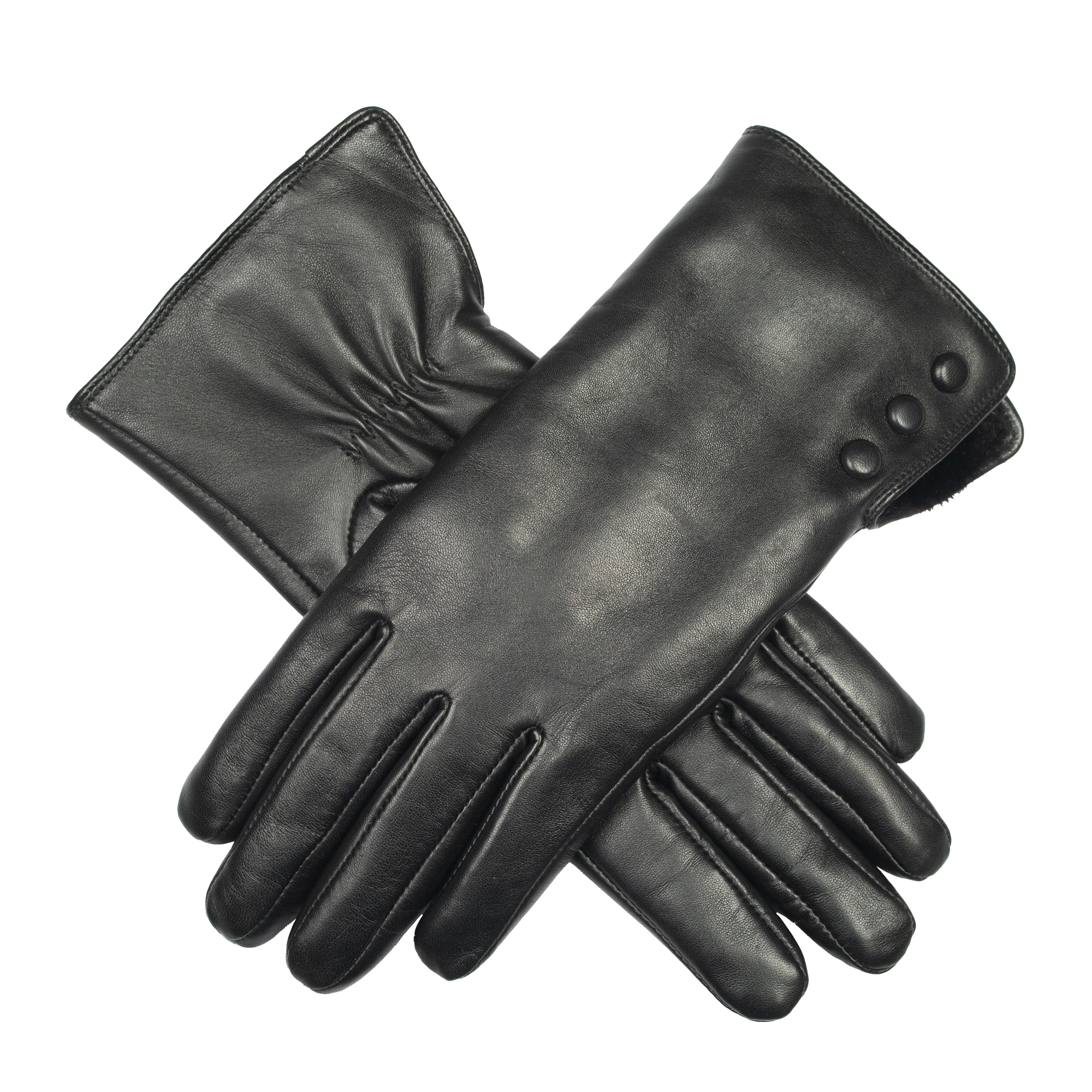 Women's Touchscreen Water-Resistant Faux Fur-Lined Leather Gloves with Buttons - Image 24