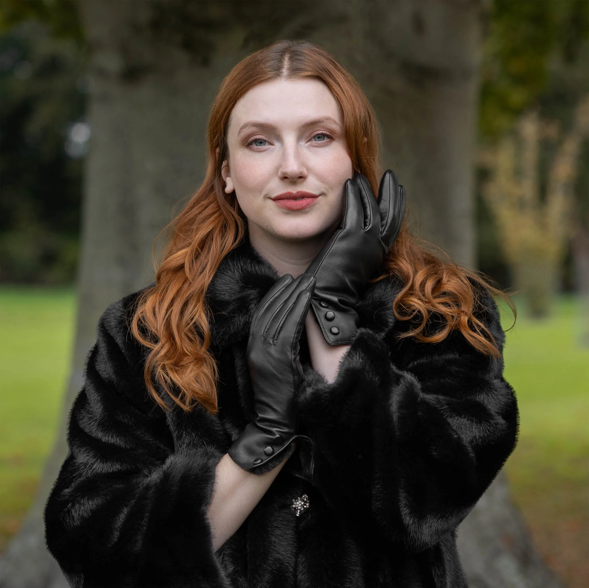 Women's Touchscreen Water-Resistant Faux Fur-Lined Leather Gloves with Buttons - Image 25