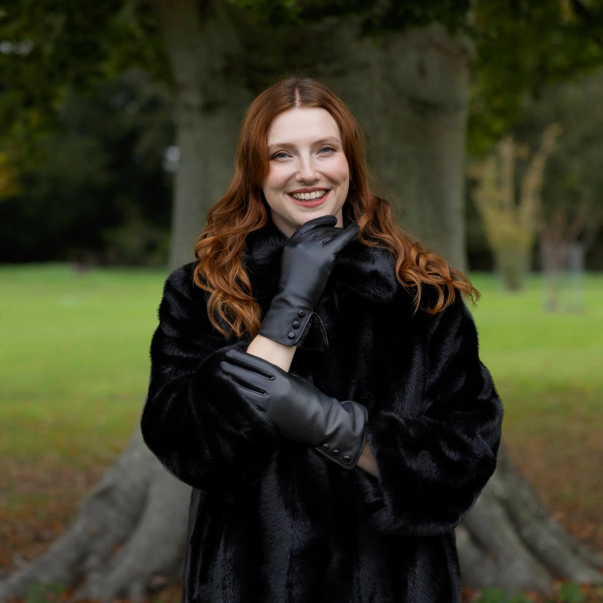 Women's Touchscreen Water-Resistant Faux Fur-Lined Leather Gloves with Buttons - Image 26