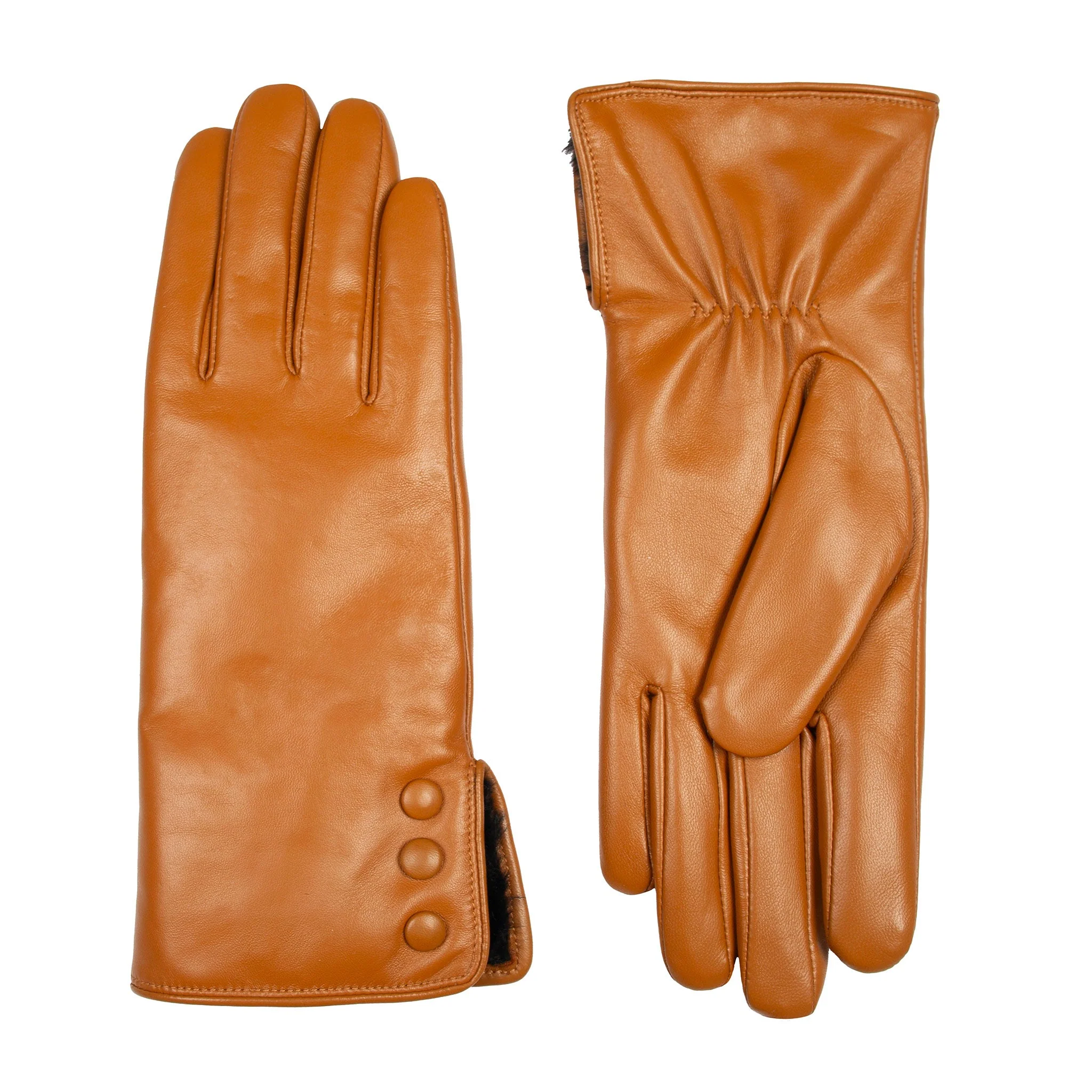 Women's Touchscreen Water-Resistant Faux Fur-Lined Leather Gloves with Buttons - Image 3