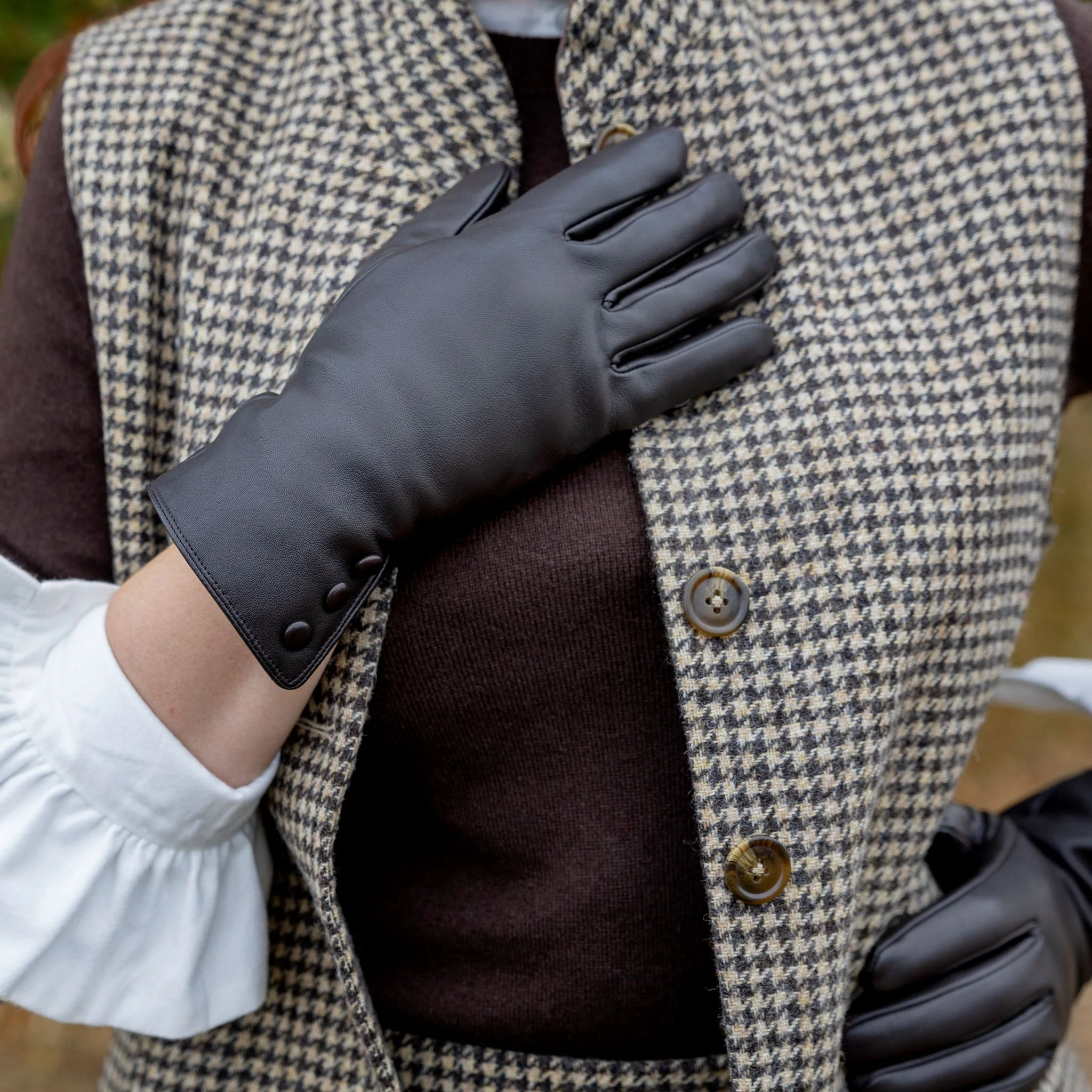 Women's Touchscreen Water-Resistant Faux Fur-Lined Leather Gloves with Buttons - Image 38