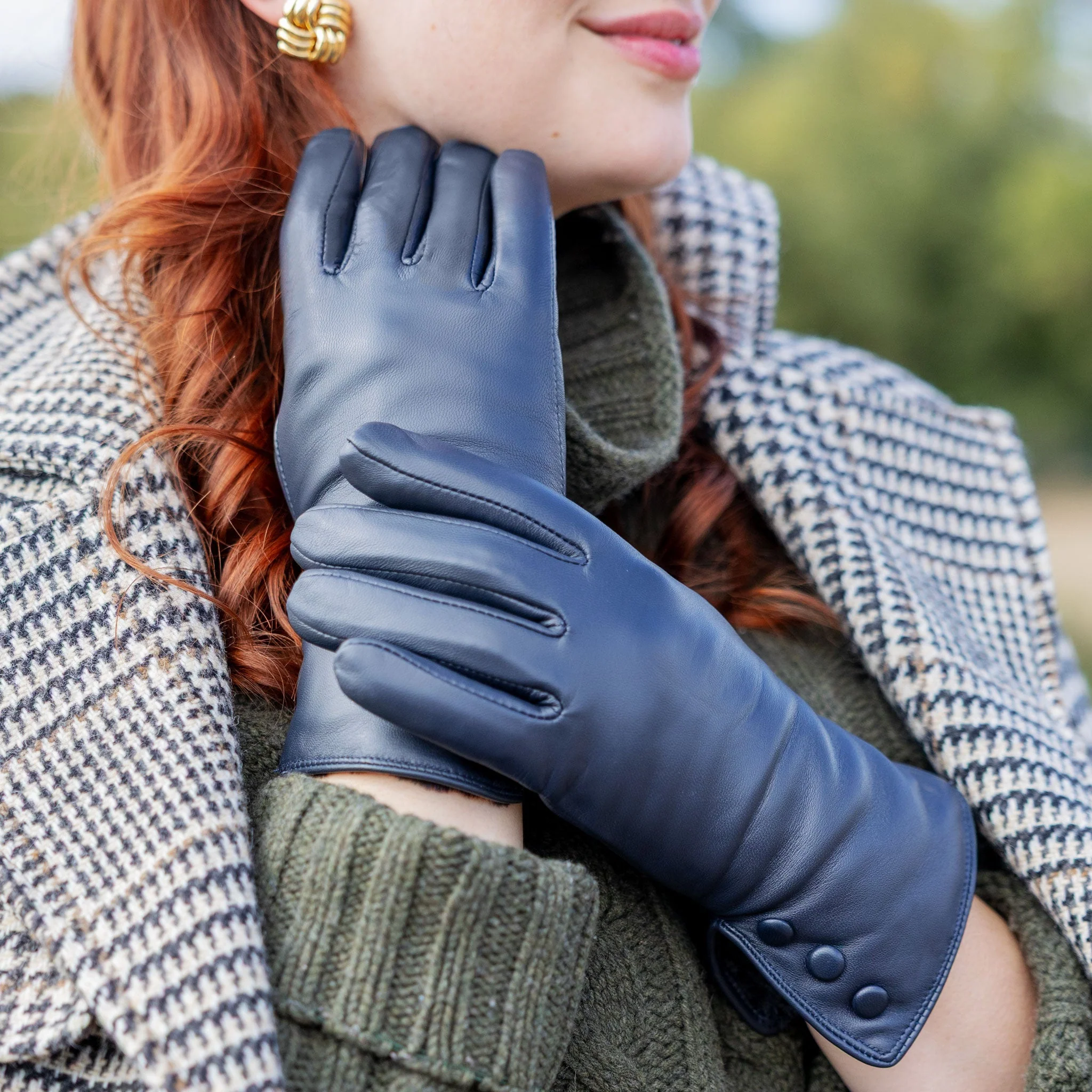 Women's Touchscreen Water-Resistant Faux Fur-Lined Leather Gloves with Buttons - Image 51