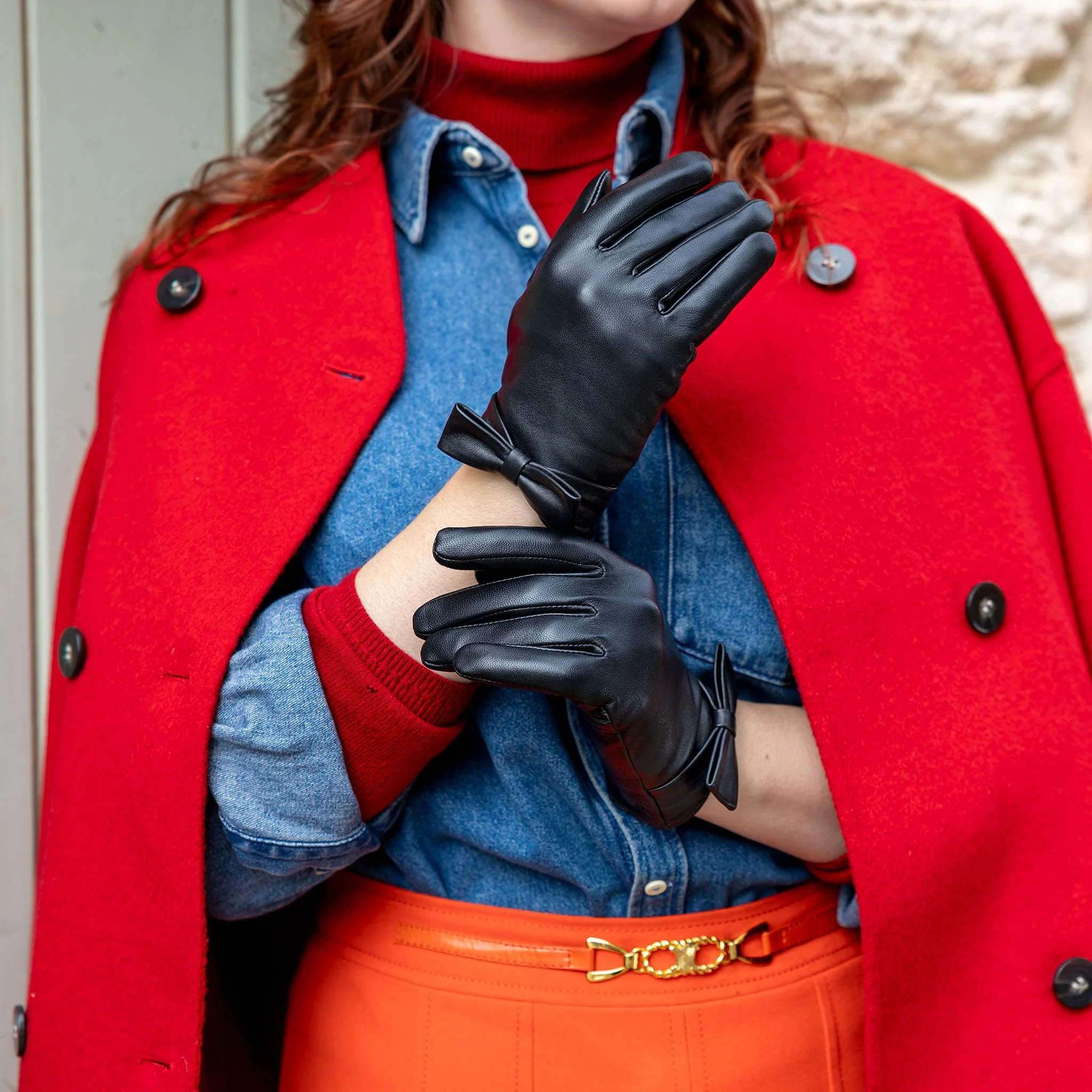 Women's Touchscreen Water-Resistant Lined Leather Gloves with Bow - Image 15