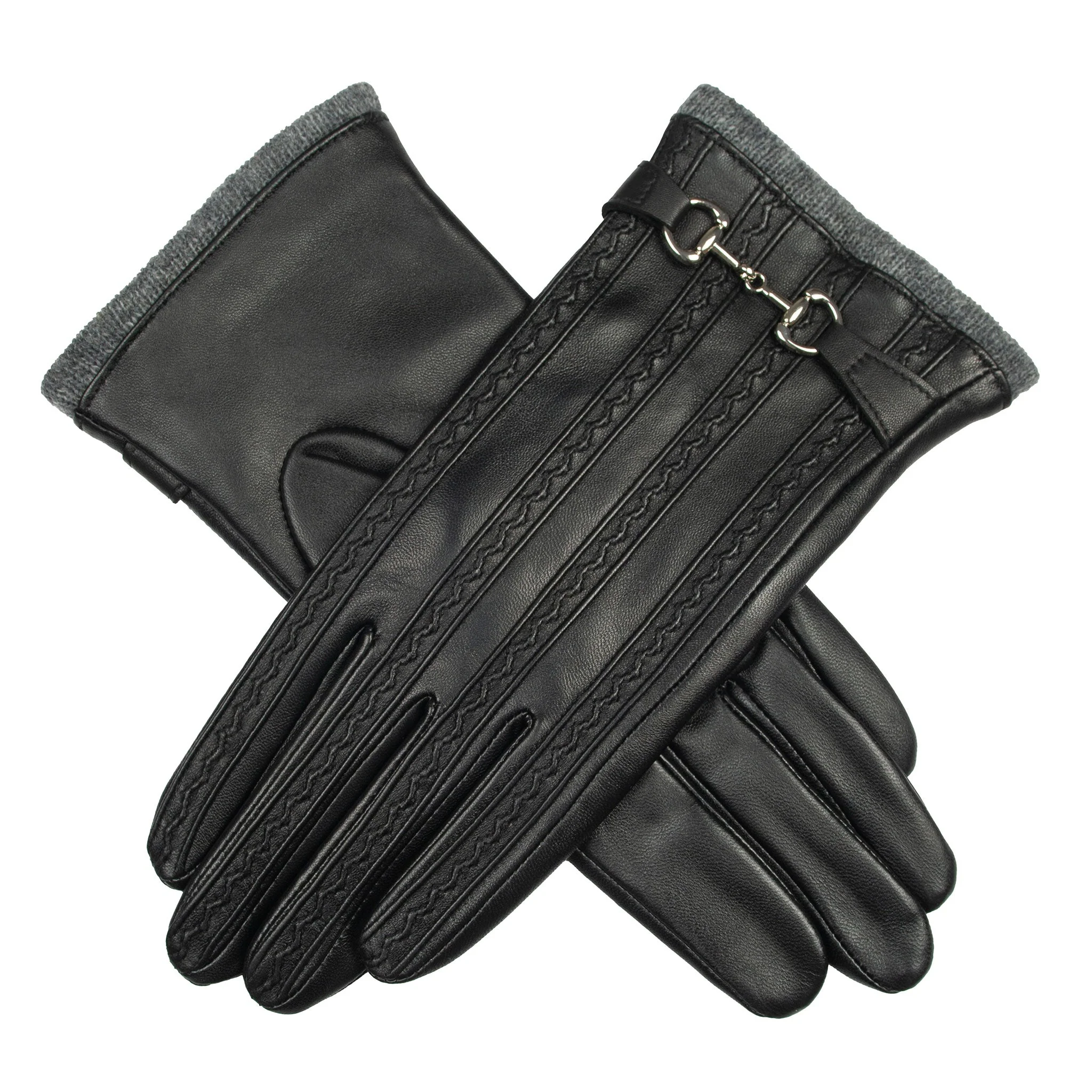Women's Touchscreen Water-Resistant Wool Blend-Lined Leather Gloves with Snaffle and Stitch Detail - Image 13