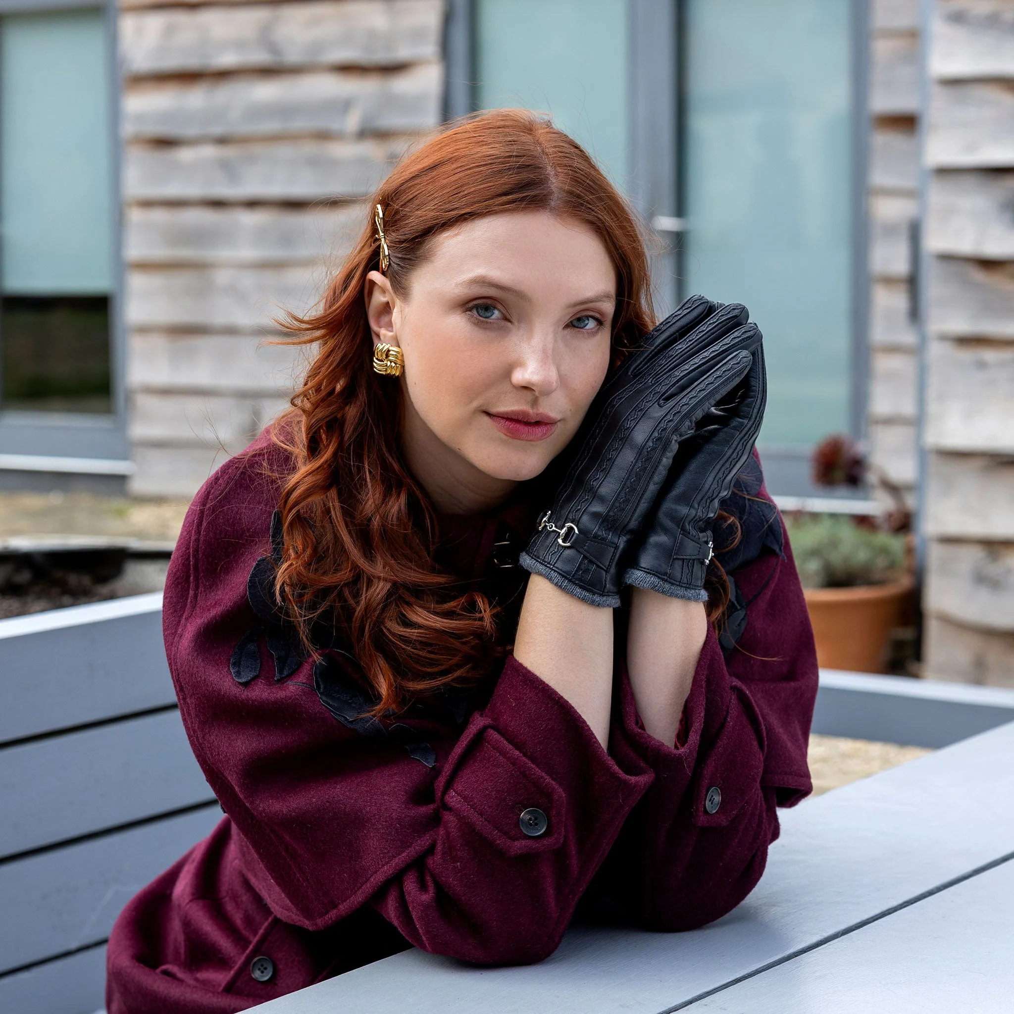 Women's Touchscreen Water-Resistant Wool Blend-Lined Leather Gloves with Snaffle and Stitch Detail - Image 14