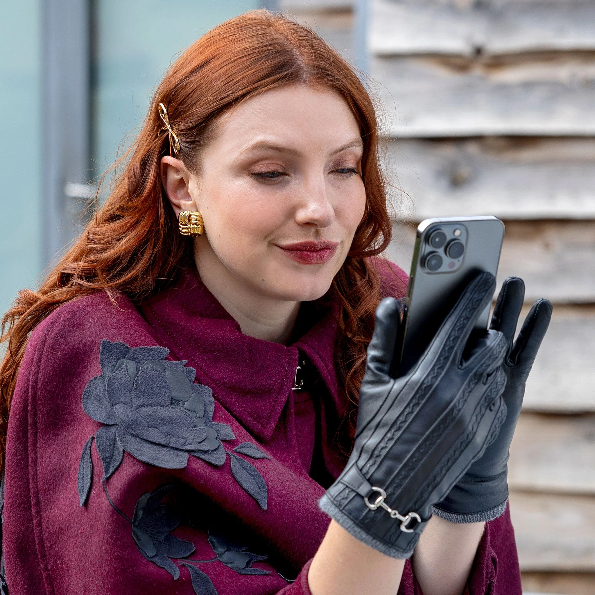 Women's Touchscreen Water-Resistant Wool Blend-Lined Leather Gloves with Snaffle and Stitch Detail - Image 15