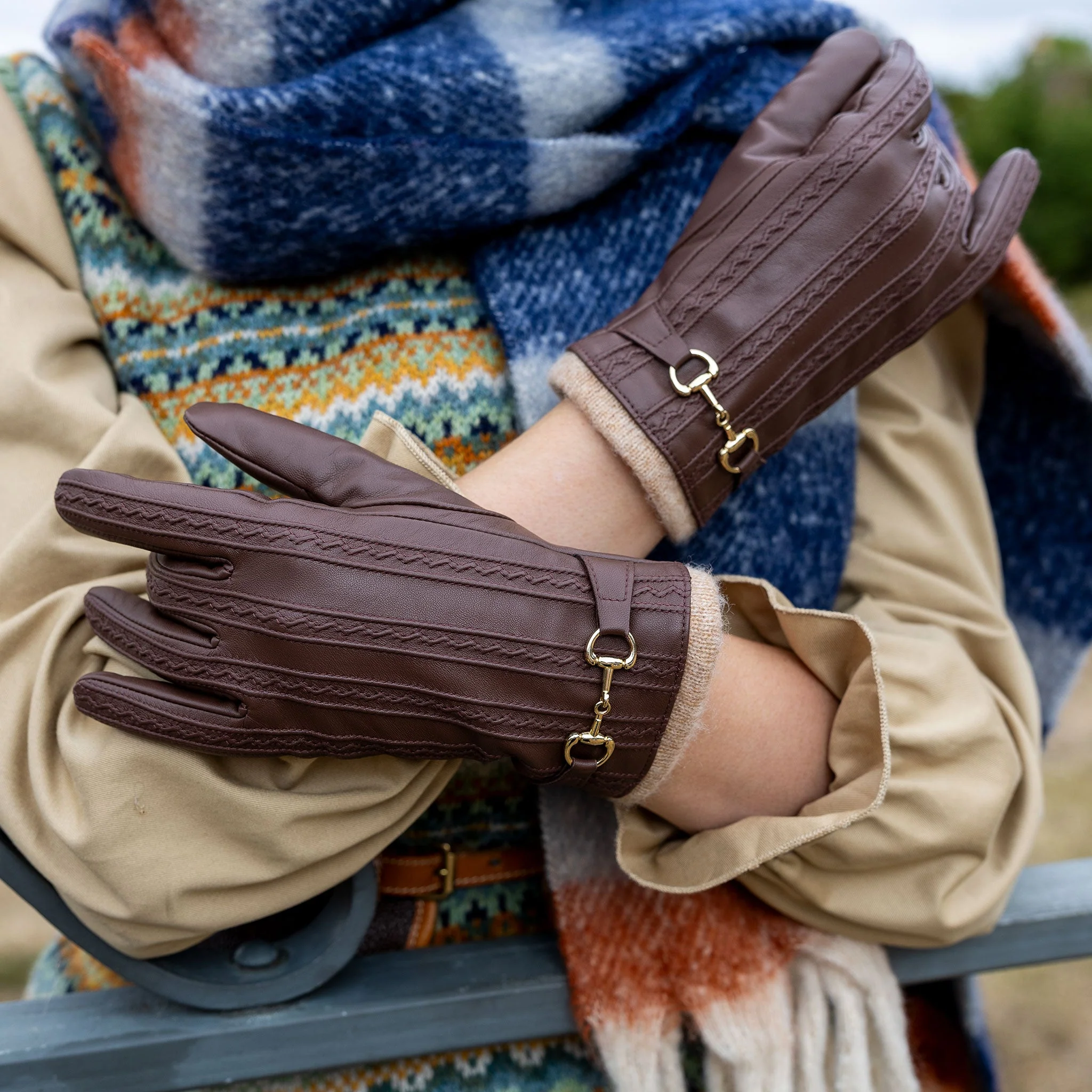 Women's Touchscreen Water-Resistant Wool Blend-Lined Leather Gloves with Snaffle and Stitch Detail - Image 3