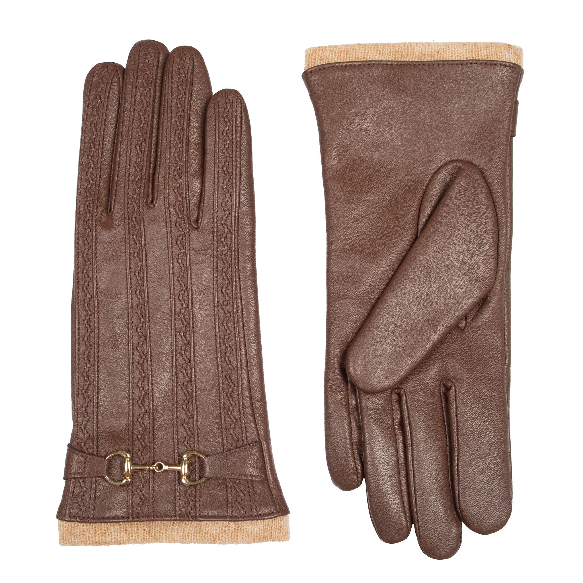 Women's Touchscreen Water-Resistant Wool Blend-Lined Leather Gloves with Snaffle and Stitch Detail - Image 4