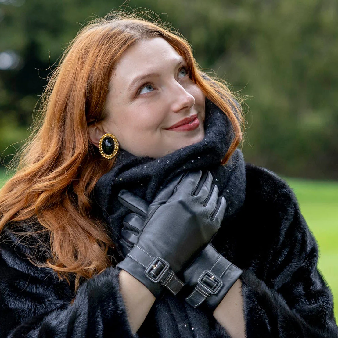 Women's Water-Resistant Faux Silk-Lined Leather and Fabric Gloves - Image 3